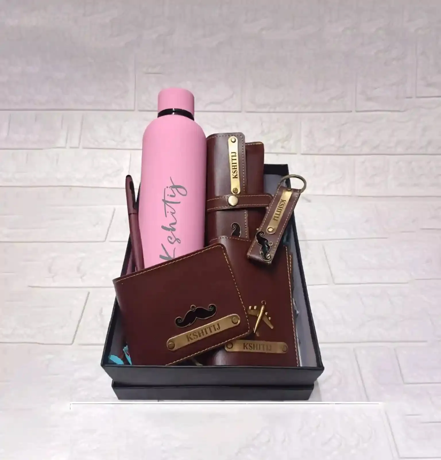 Personalised Men's Gift Set: Bottle, Wallet, Passport Cover, Keychain & Pen