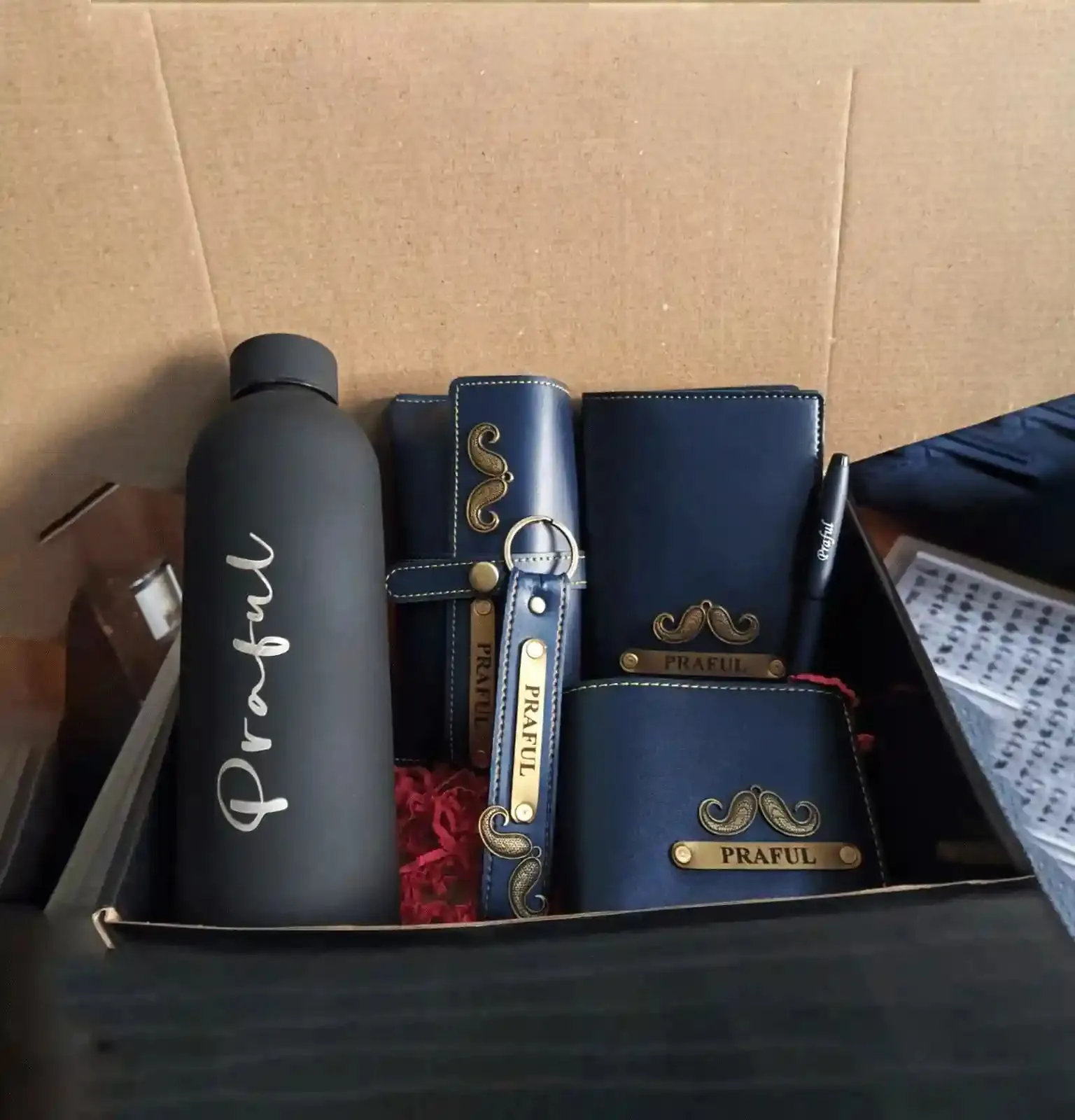 Personalised Men's Gift Set: Bottle, Wallet, Passport Cover, Keychain & Pen