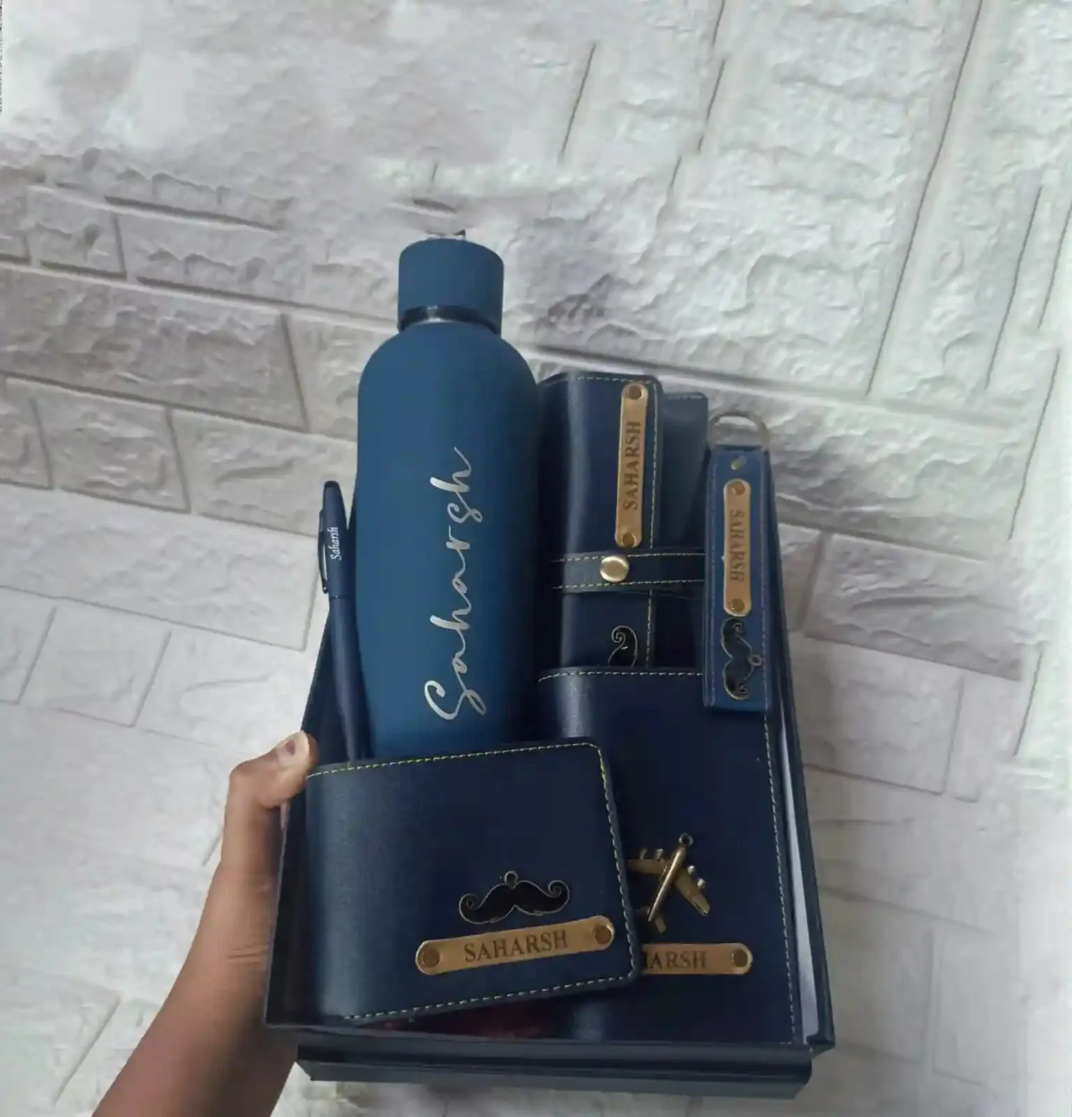 Personalised Men's Gift Set: Bottle, Wallet, Passport Cover, Keychain & Pen