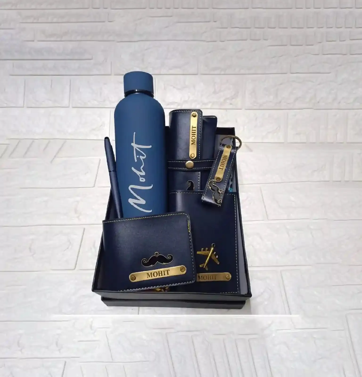Personalised Men's Gift Set: Bottle, Wallet, Passport Cover, Keychain & Pen