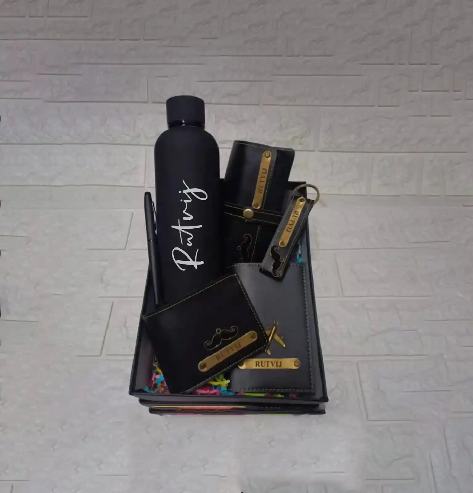 Personalised Men's Gift Set: Bottle, Wallet, Passport Cover, Keychain & Pen