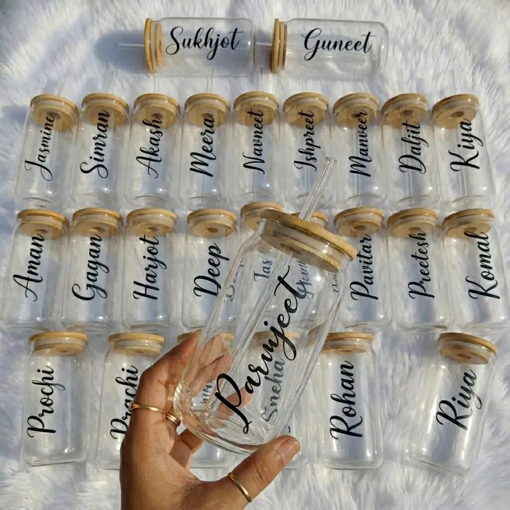 Personalised Name Glass Tumbler with Wooden Lid & Straw, 540 ml