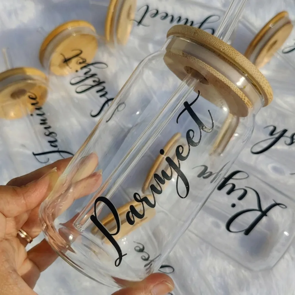 Personalised Name Glass Tumbler with Wooden Lid & Straw, 540 ml