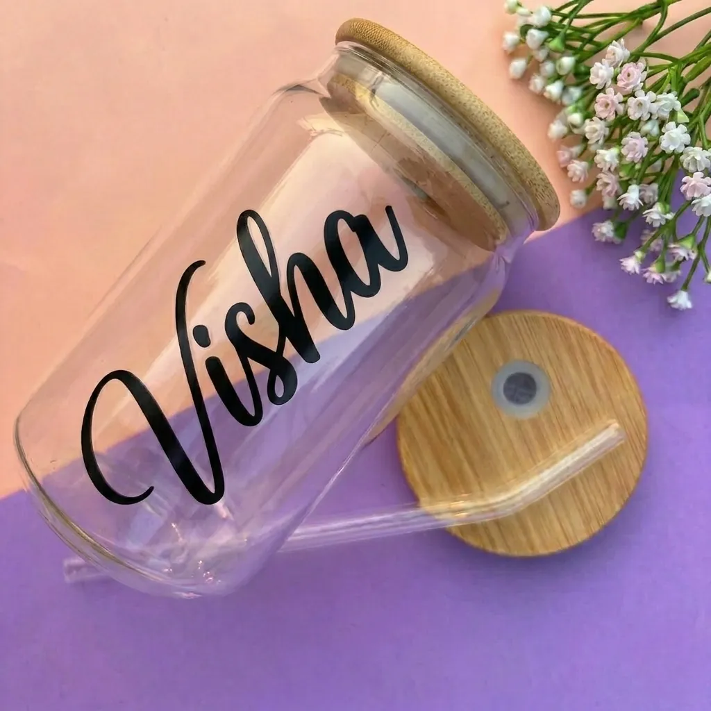 Personalised Name Glass Tumbler with Wooden Lid & Straw, 540 ml