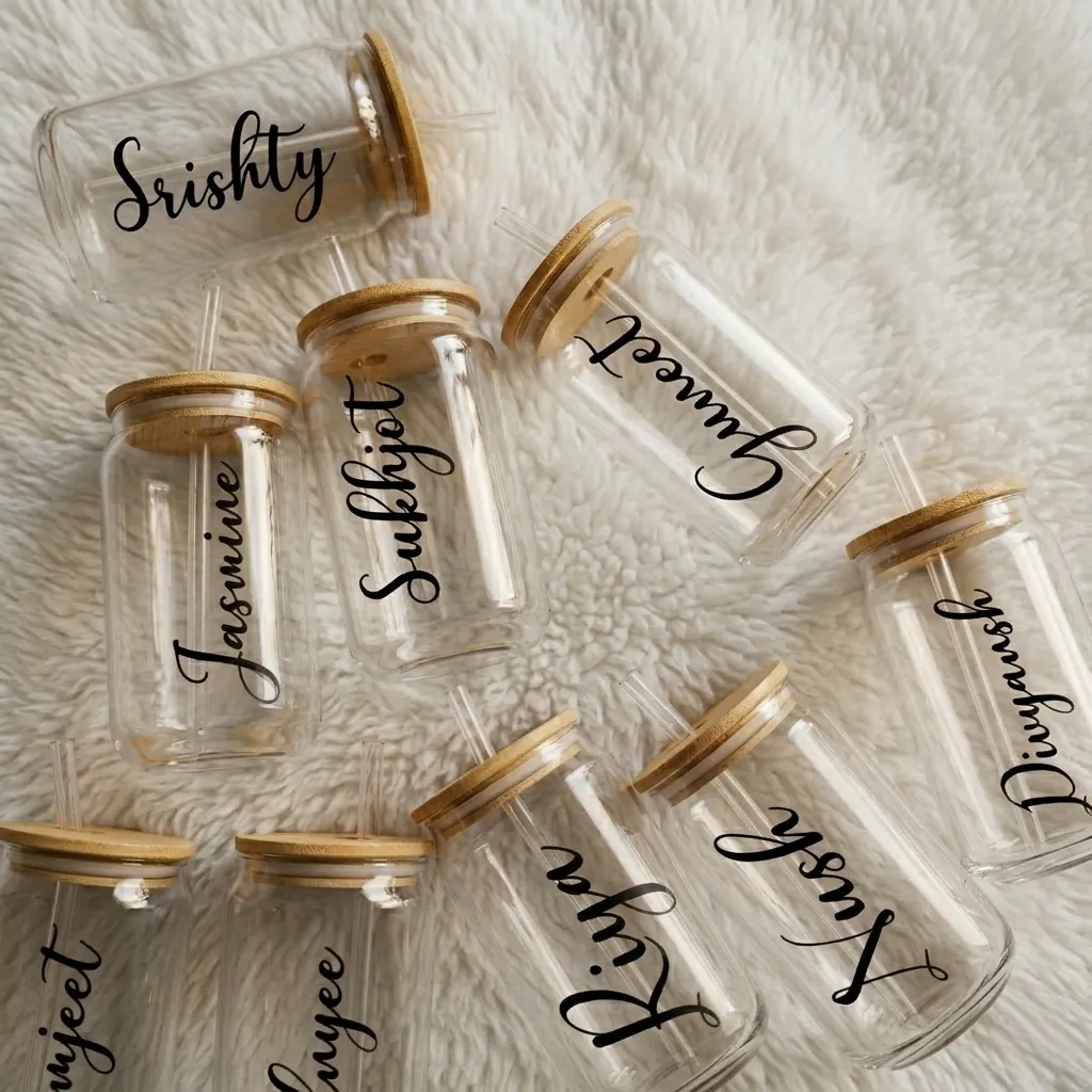 Personalised Name Glass Tumbler with Wooden Lid & Straw, 540 ml