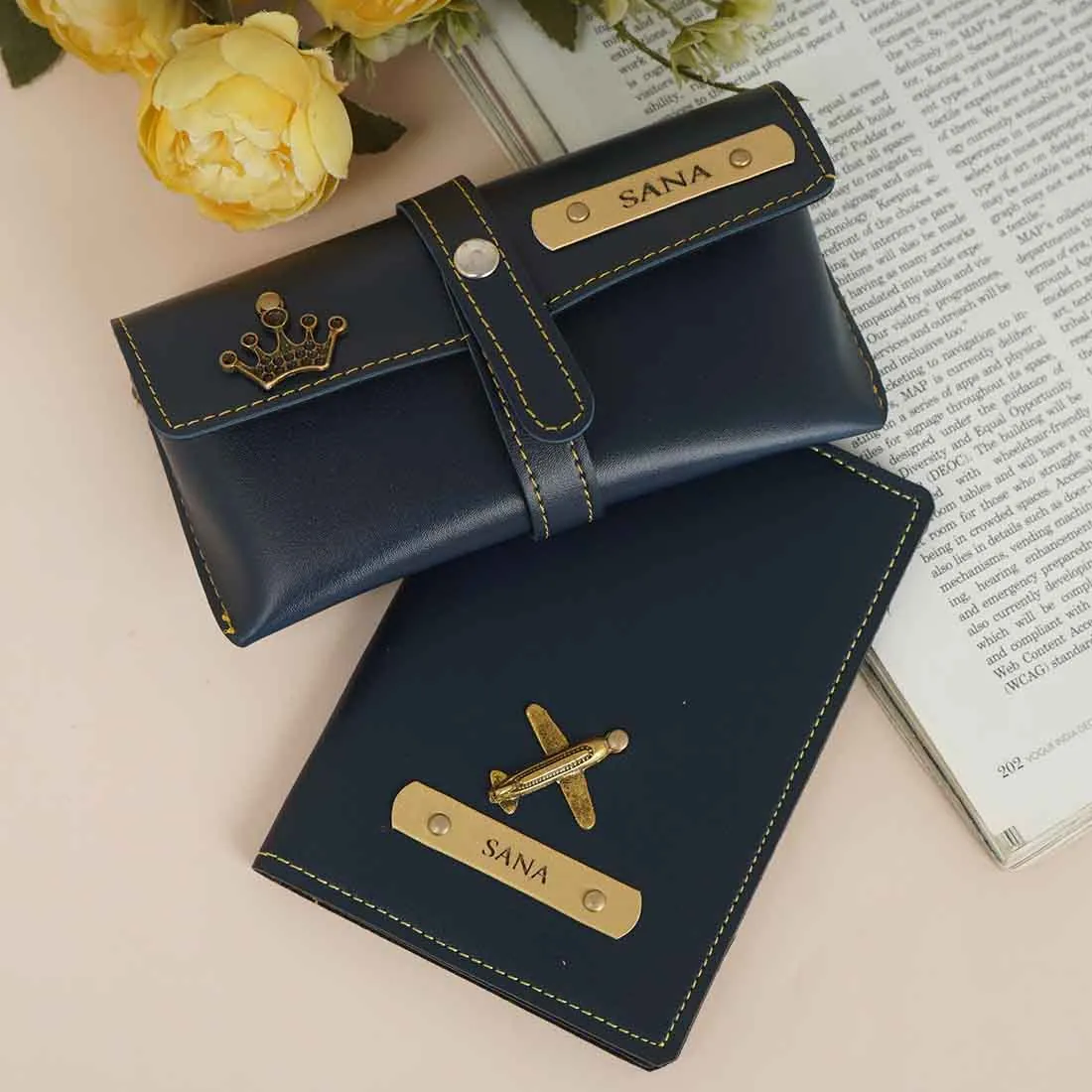 Personalised Passport Cover & Eyewear Case Set, Navy